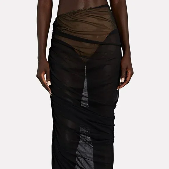 Norma Kamali Diana Ruched Mesh Maxi Skirt Black Nude - Picture 8 of 9